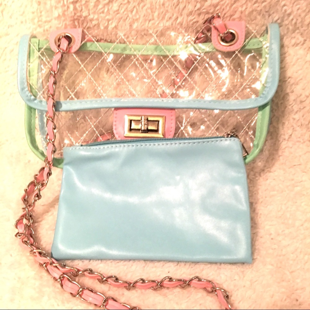 CLEAR OR TRANSPARENT WITH PINK & MINT TRIM HANDBAG - Picture 7 of 8